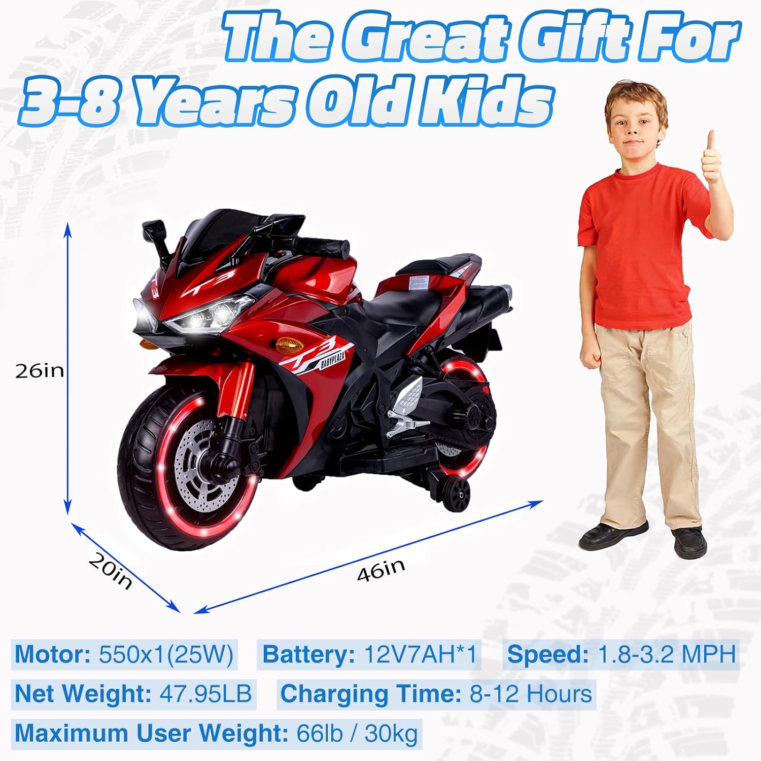 WEEROCK Kids Electric Motorcycle with Trainning Wheels for 3-8 Years(43-59in), Boys Girls Ride on Electric Motorbike, Hand Drive for Child Electria Toy Gift, Red