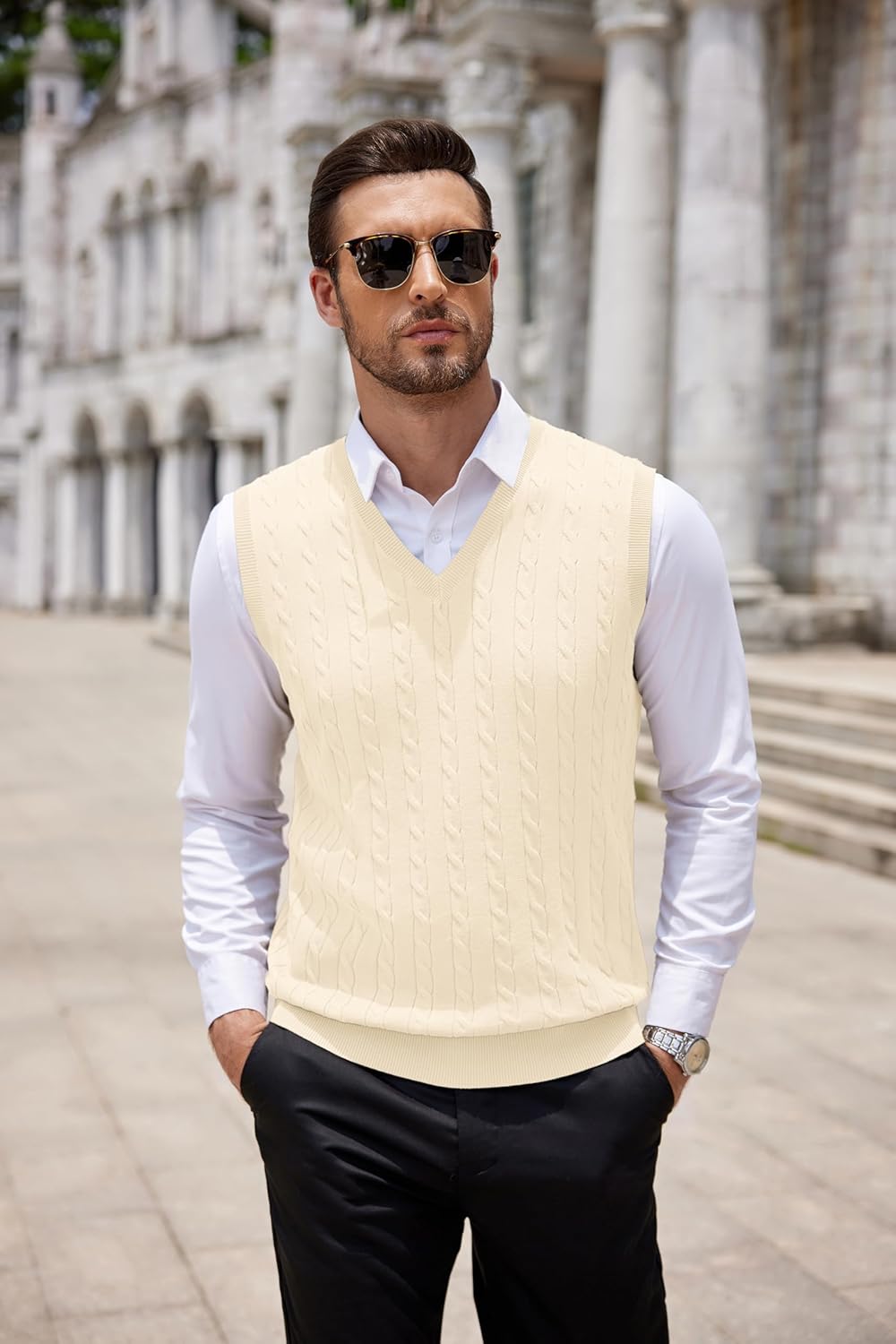 COOFANDY Men's Sweater Vest Cable Knitted V Neck Slim Fit Sleeveless Pullover Sweater - Image 6