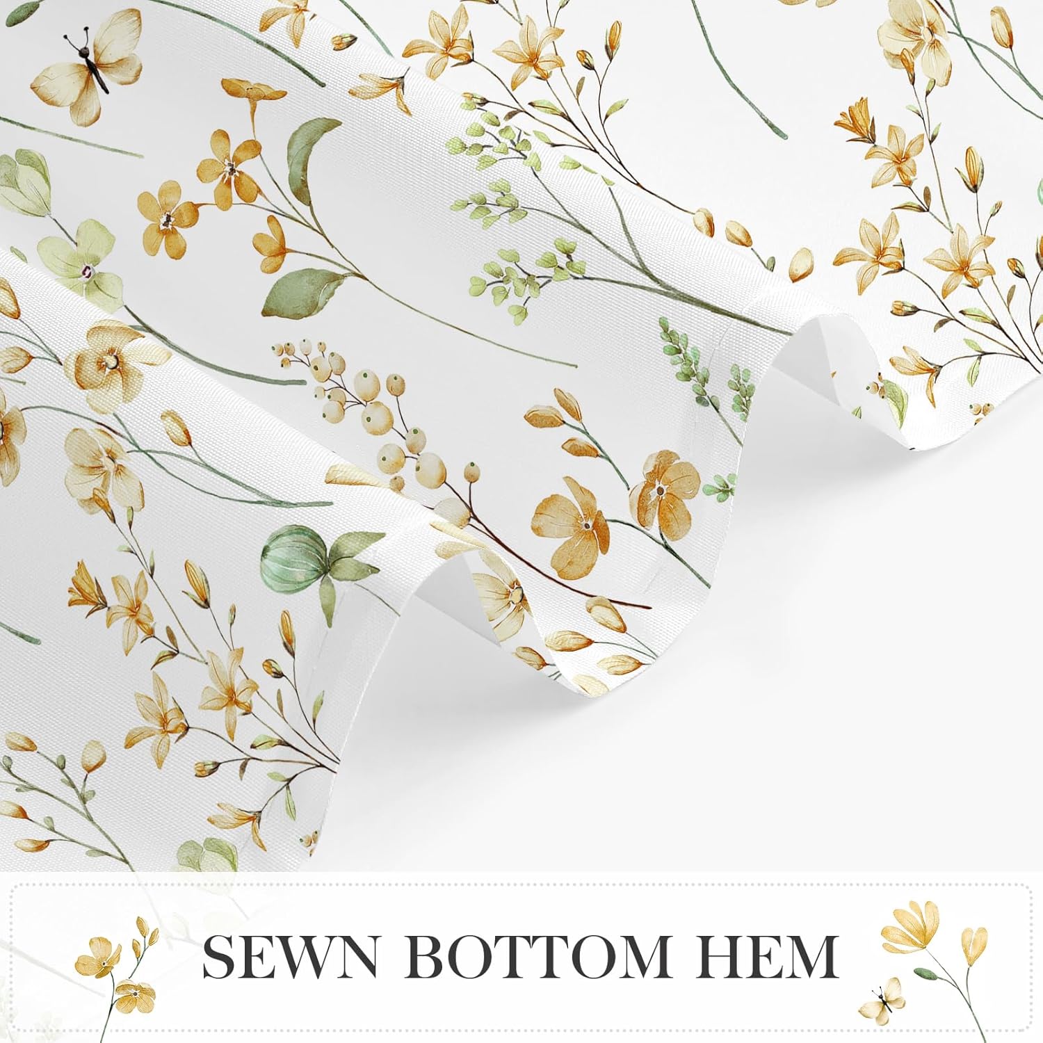 Litabel Watercolor Floral Shower Curtain, Yellow Butterfly Flower Shower Curtain for Bathroom, Modern Minimalist White Waterproof Fabric Shower Curtain Set, 72x72 Inch