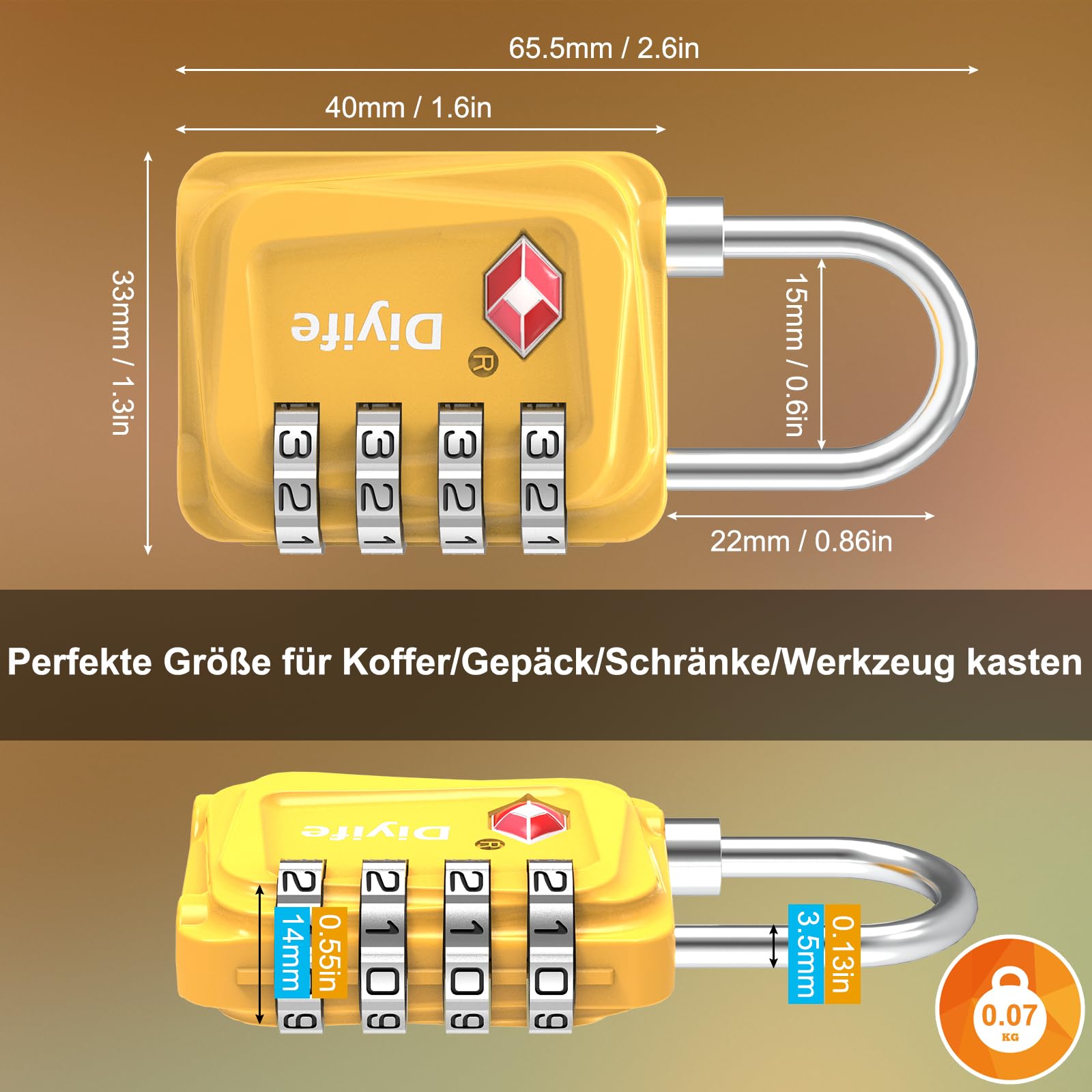 Diyife TSA kłódki bagażowe, 2 sztuki, 4-cyfrowy zamek szyfrowy, kłódka szyfrowa, zamek szyfrowy, kłódka podróżna do walizki, bagażu, torby, walizki na broń, kolor żółty