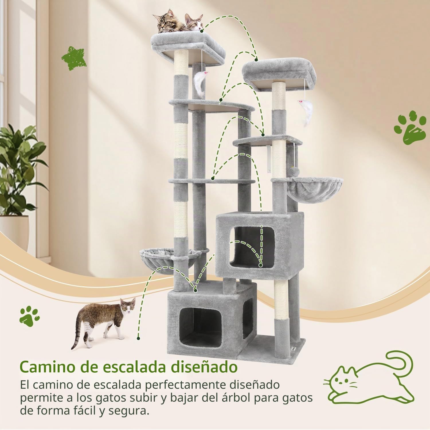 Globlazer Arbol Rascador para Gatos alto 189 cm con 2 Nidos Grande 45*40*35cm, 3 Plataforma Amplio 45*40CM, 2 Percha, 2 Cesta, Enorme Torre para Gatos Grandes Maine Coon Adultos (S74E, Gris Claro)