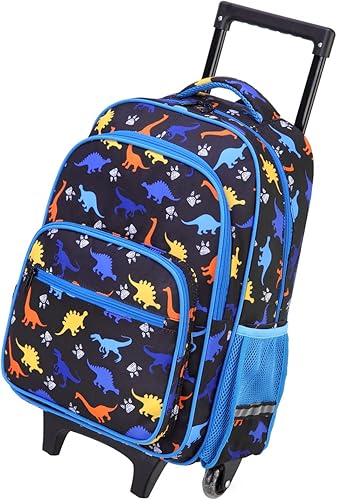 VASCHY Mochila con ruedas para niños, resistente al agua, mochila escolar de mano con ruedas para niños y niñas, Dinosaurios azules, Mochilas Daypack