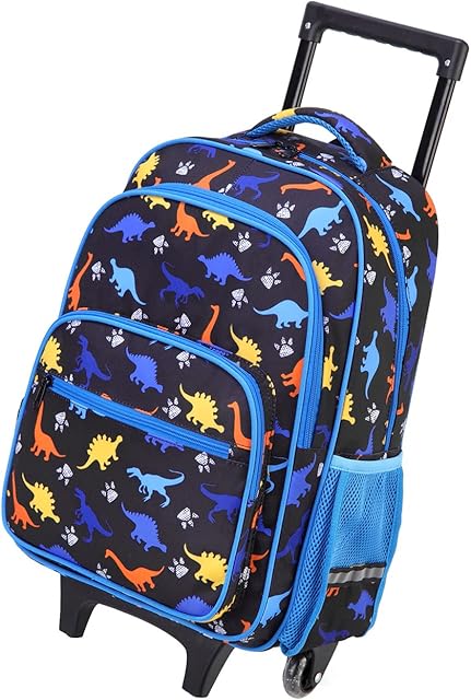Kids Suitcase, VASCHY Large Capacity Kids Backpack on Wheels for Boys Children's Luggage Water Resistant 16.5 inch Trolley School Backpack for Primary School Travel Holdall Cabin Bag, Black Dinosaur