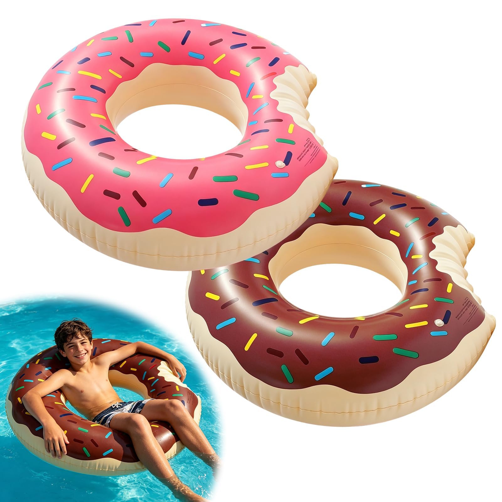 Viilich 2pcs Donut Inflatable Swimming Rings, Pool Float Swim Tubes for Kids Adults, Thickened PVC Rubber Rings for Swimming, Cute Water Swim Toys for Summer Beach Pool Party