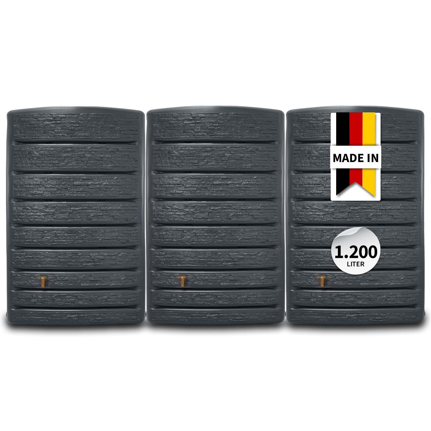 4rain ExtraSLIM Stone Decor Regentonne Wandtank-Set 1200 Liter Graphite | Grey, 3 x ExtraSLIM Stone Decor 400 Liter inkl. Verbinder Wassertank, Fass, Regenfass, Regenwassertonne, Regenwassertank