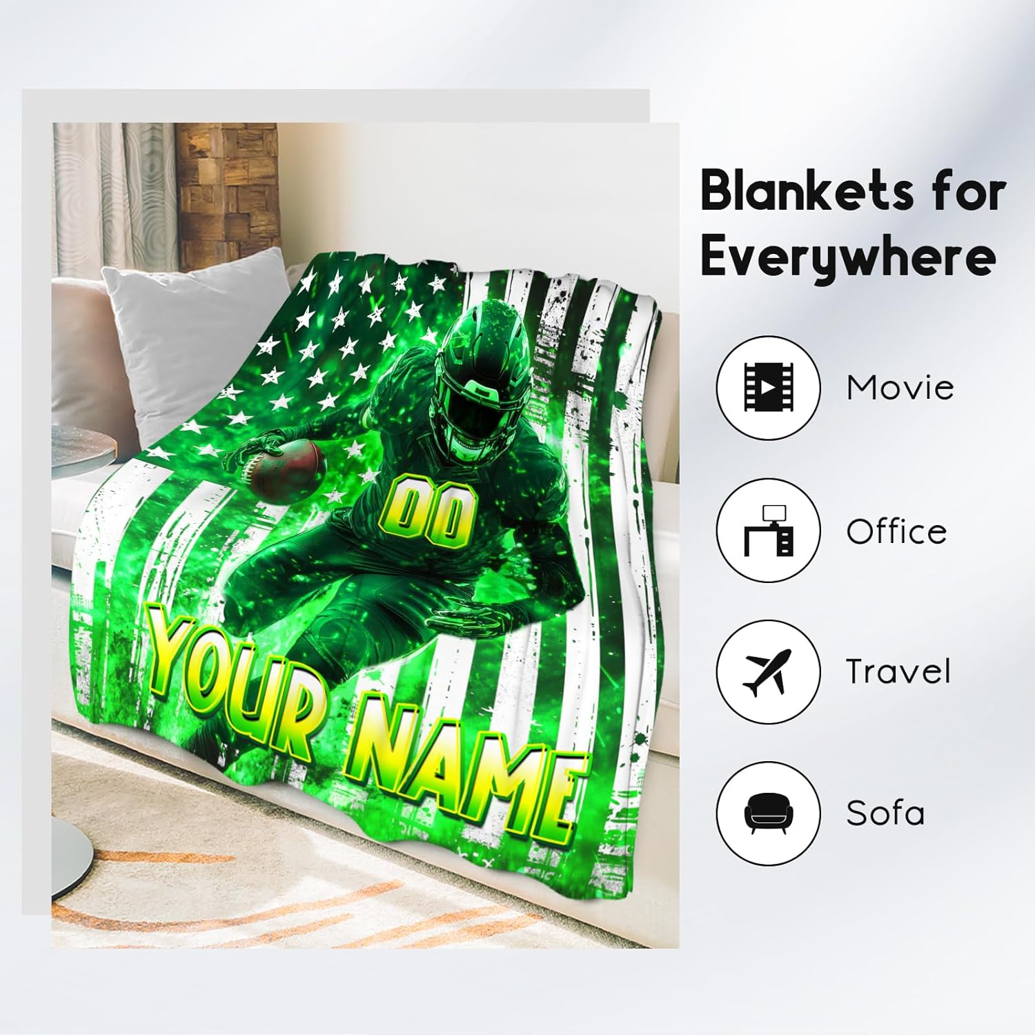 Football Blanket for Boys, Personalized Kids Blanket with Name, Custom Sports Gifts for Kids, Fluffy Flannel Throw for Couch & Living Room, 50"x60"
