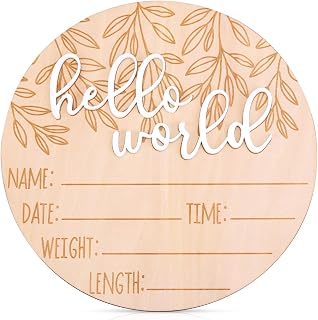 Birth Announcement Sign, Wooden Hello World Newborn Sign Baby Announcement Plaque Newborn Baby Name Board for Photo Props Baby Shower Hospital Nursery