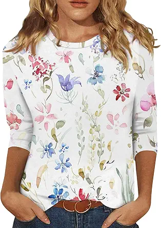 HTHLVMD Womens 3/4 Length Sleeve Tops 2025 Fall Fashion Floral Print Crewneck Causal Trendy Tunic Tops for Women