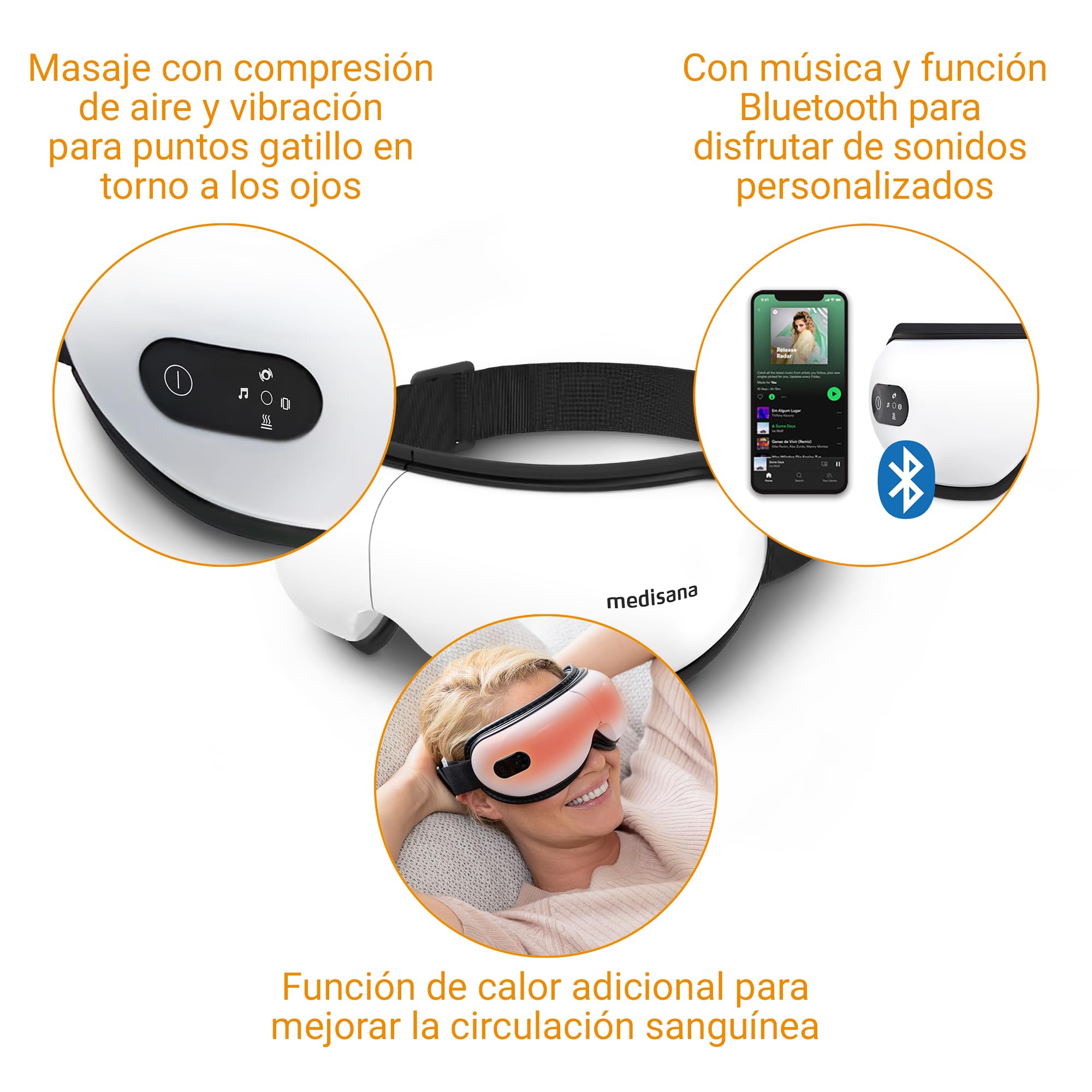 medisana EM 100 masajeador de ojos, masajeador facial electrico para dolores de cabeza, fatiga ocular, hinchazón o migraña, máscara ocular con masaje, calor y música, masajeador muscular plegable