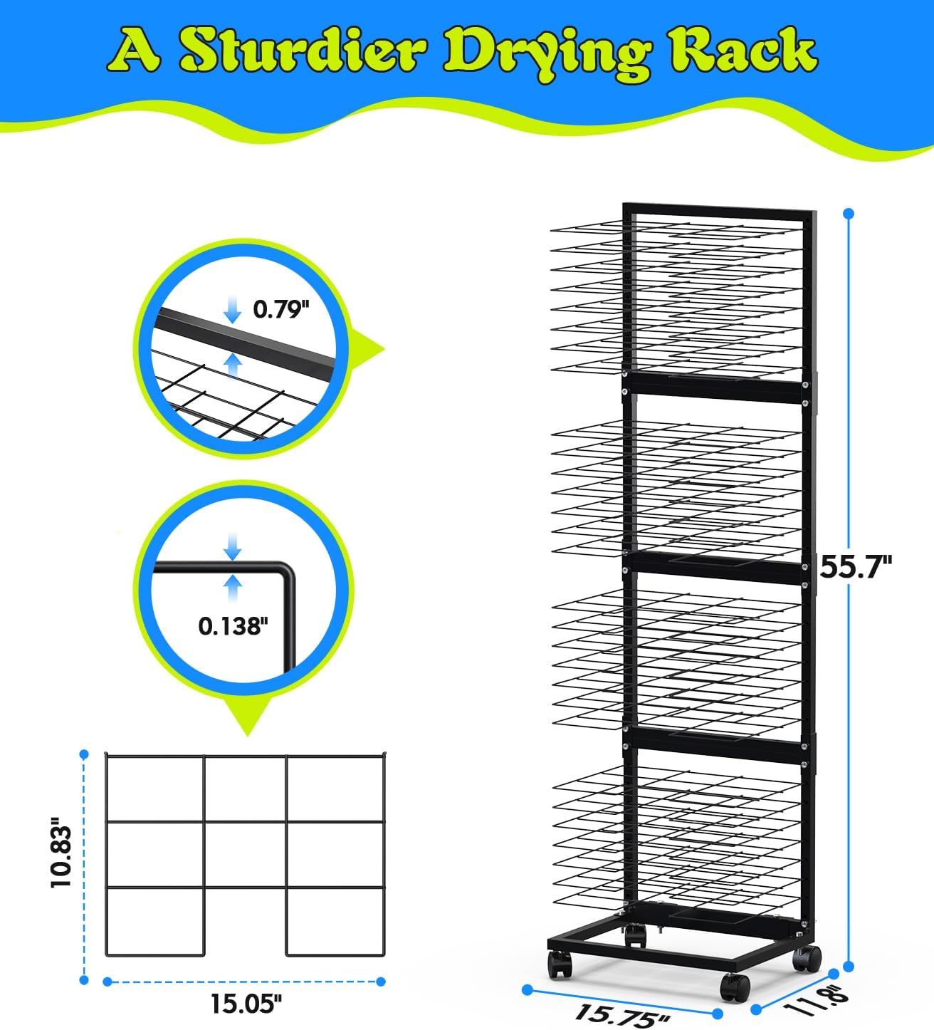 Art Drying Rack 29 Removable Shelves Thickened Paint Drying Rack Concave Painting Racks with 4 Casters, 3lbs Load Capacity Wire Paint Drying Stand for Classroom Art Studios, Schools