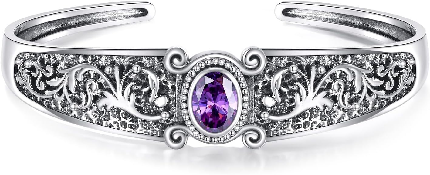 Amethyst Vintage Filigree Cuff Bracelet Sterling Silver, Adjustable European Retro Floral Wirework Bangle, February Birthstone Gift for Women