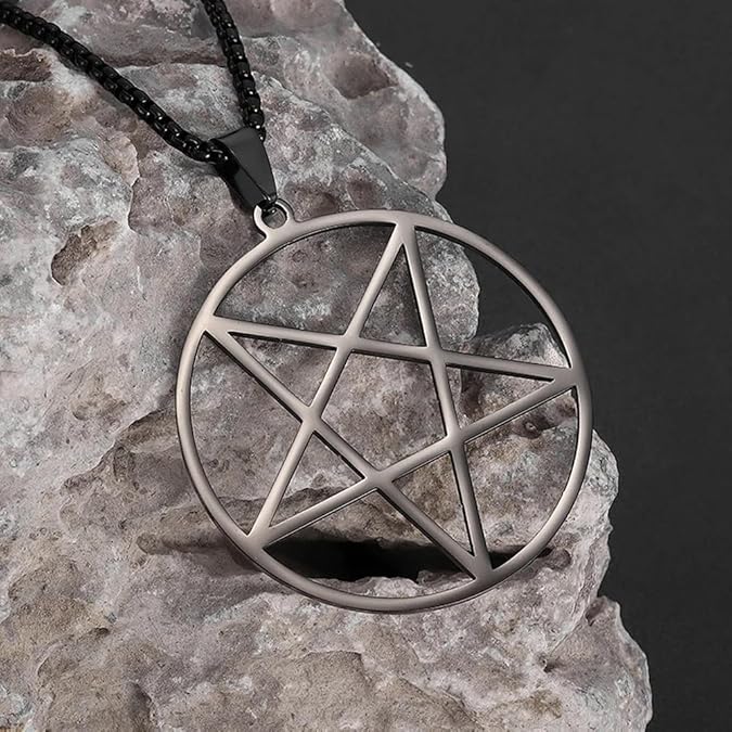 BlackAmazement 316L roestvrij stalen hanger met ketting, halsketting, pentagram, ster, vijfster, drudenvoet, pentakel, zilver, zwart, roségoud, gothic, biker, heren, dames, Länge 27,5 mm - Breite 25