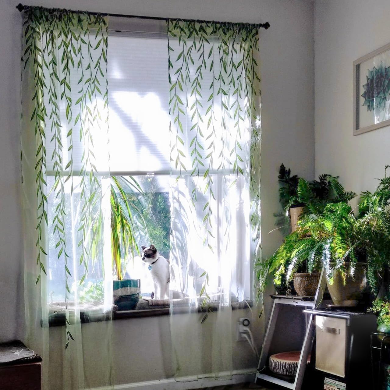 BROSHAN Green Sheer Window Curtain - 2 Panel Leaf Printed Sheers With Pocket Design for Kids Bedroom, Living Room, Nursery - Pretty Vine Pattern