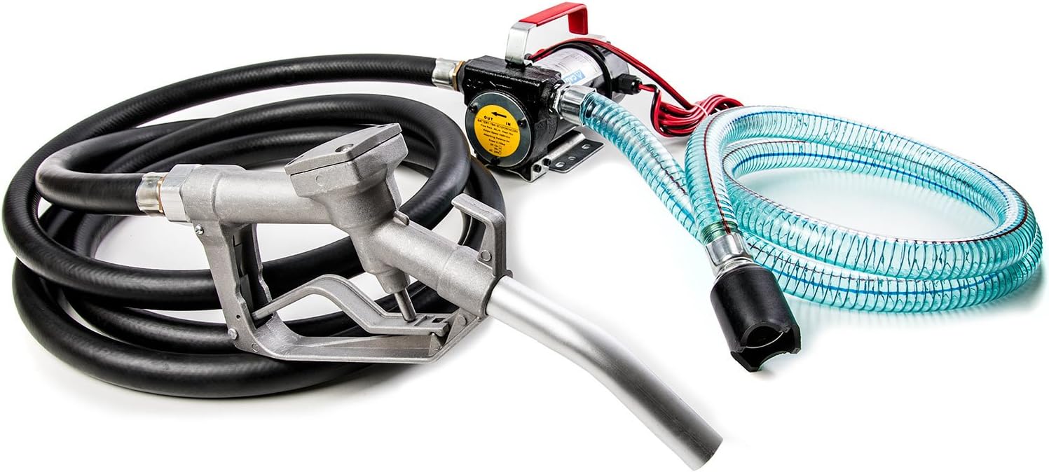 Biltek 12v Fuel Transfer Pump 10 GMP w/Suction Hose and Fuel Pump Nozzle - Diesel Fuel, Biodiesel, Kerosene, Light Fuel Oils, Silver