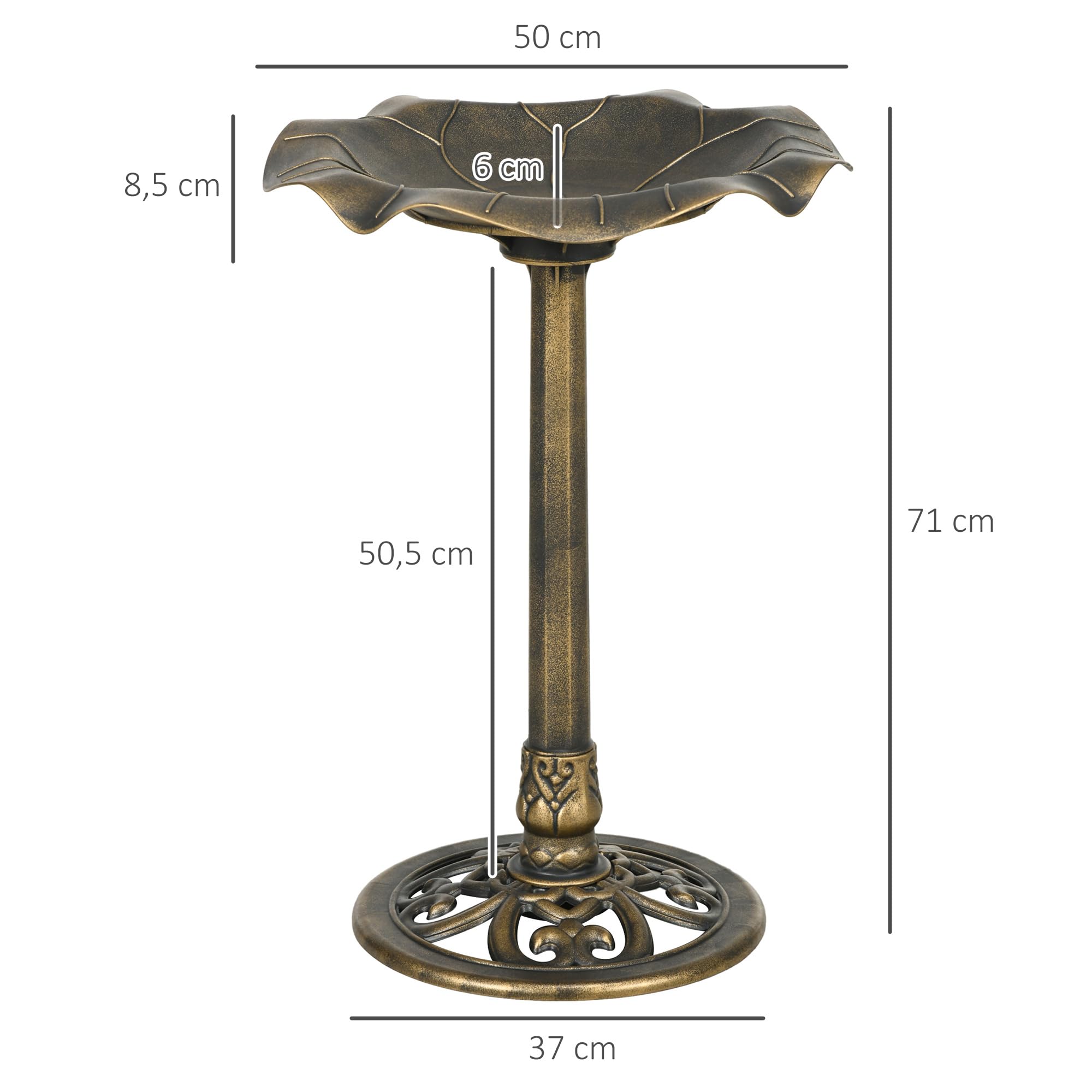 Outsunny Baño para Pájaros de Jardín al Aire Libre, Altura 71 cm, Comedero para Pájaros con Lavabo Diseño Hoja de Loto y Acabado Envejecido, Ligero y Resistente, Bebedero para Aves, Bronce
