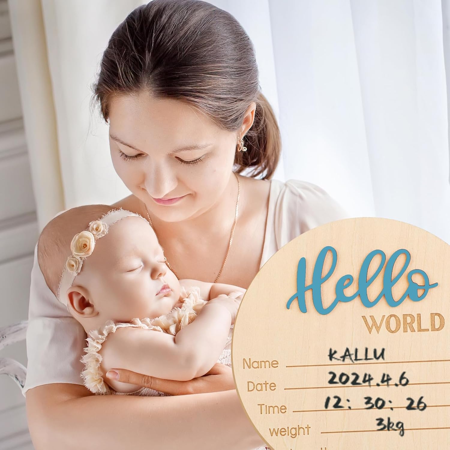 Hello World Newborn Welcome Sign - 5.9 Inch Wooden Baby Name Birth Announcement Plaque for Boys Girls Photo Props, Shower, Hospital, Nursery (Blue)