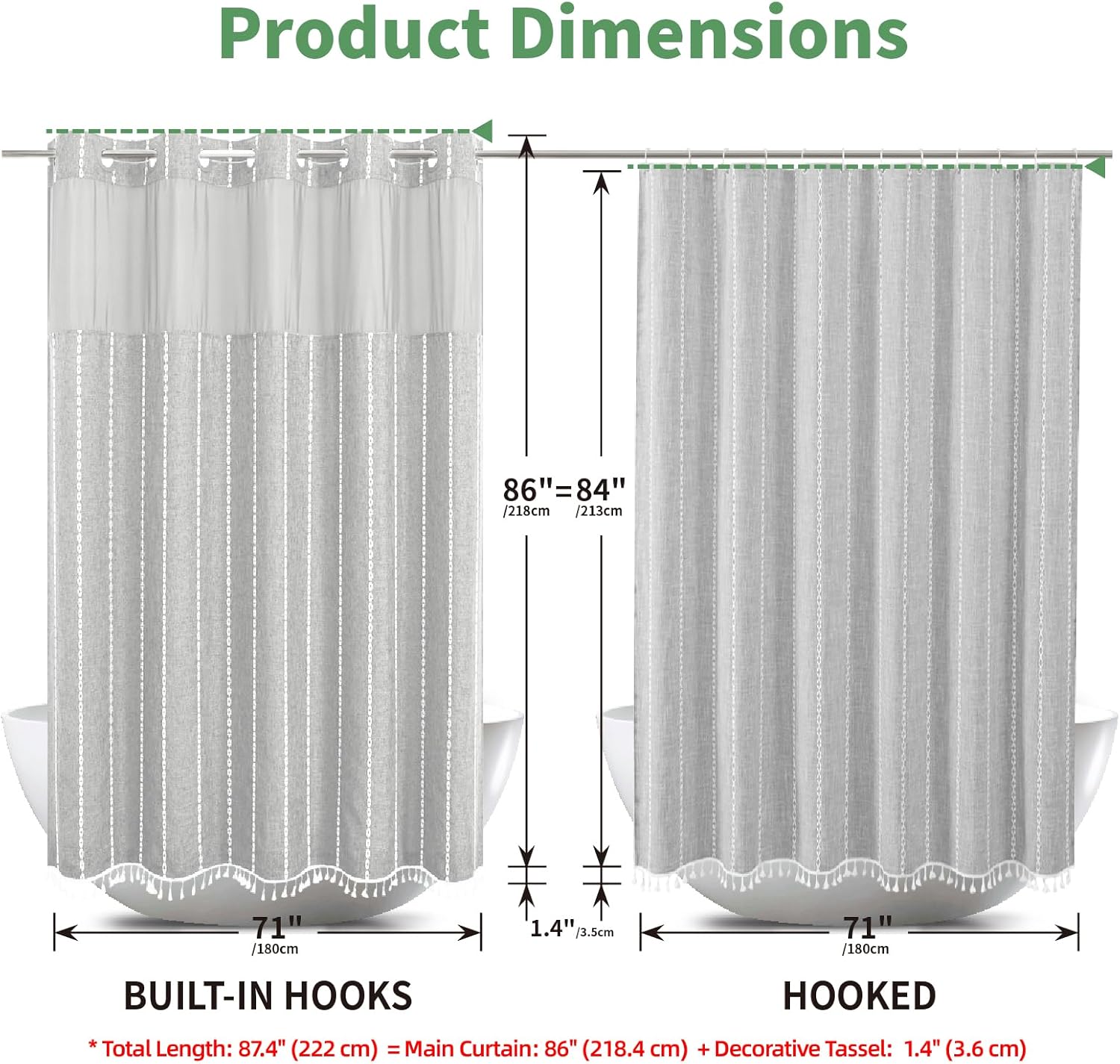 No Hook Extra Long Shower Curtain Set with Snap-in Liner,Linen Textured Thick Striped Fabric with Tassels,Boho Chic Modern Farmhouse Bathroom Curtain,Water-Repellent,Grey/Gray,71x86