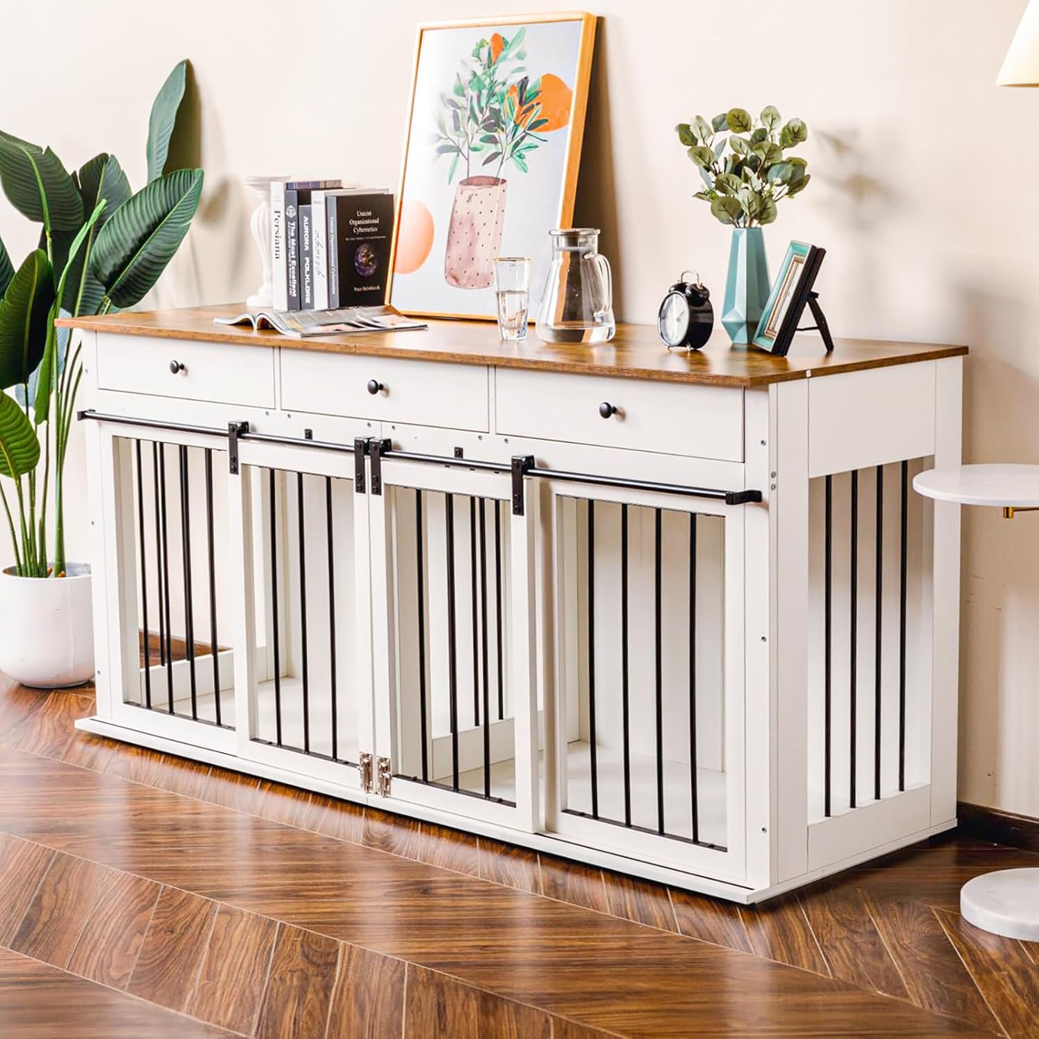 Scurrty 72'' Dog Crate Furniture, Wooden Dog Kennel Furniture with 3 Drawers, XXL Heavy Duty Dog Crate with Double Doors TV Stand for Large Medium Small Dogs Indoor, White