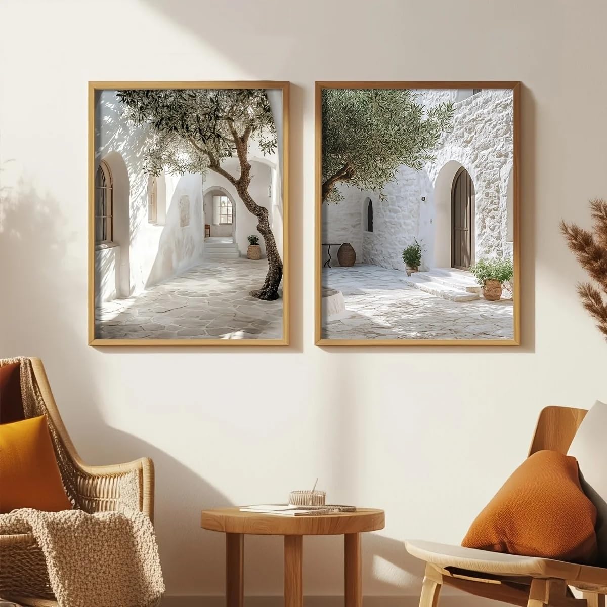 Dittelle Mediterranean Olive Tree Courtyard Landscape Canvas Print Island Coastal Building Wall Art Poster for Modern Decor(60x80cmx2/Frameless)