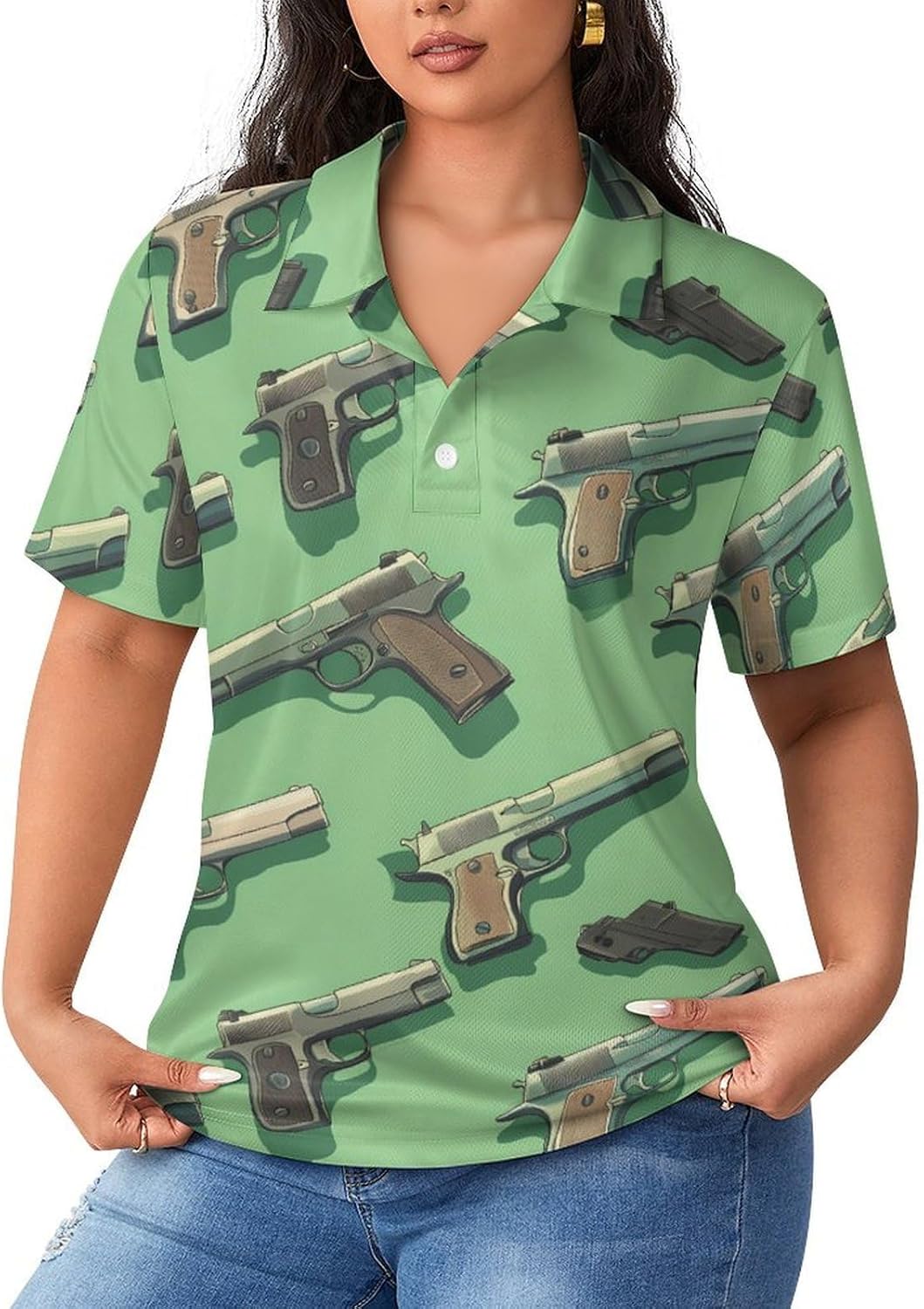 Guns Print Womens Golf Polo Shirts Summer Short Sleeve Collared 3 Buttons T Shirt Activewear Tops