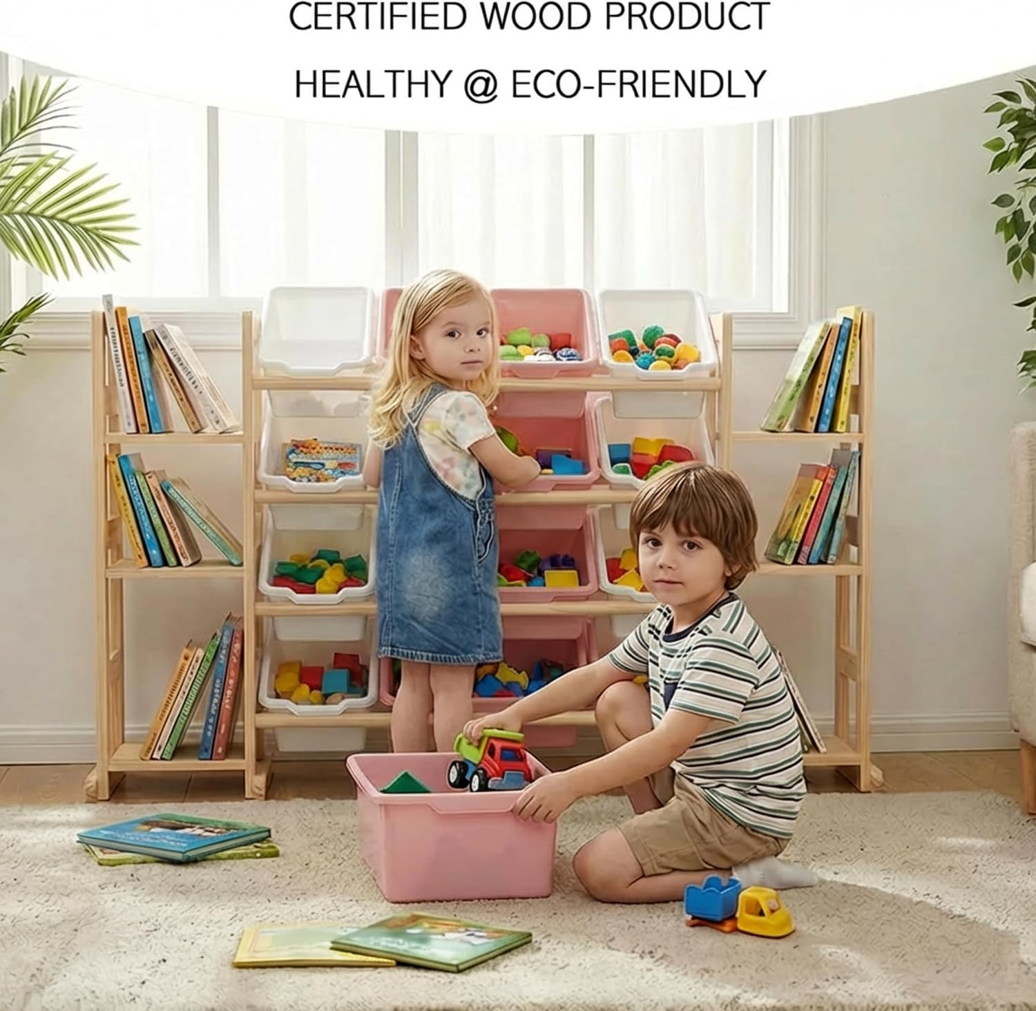 Amdermi Kids Toy Storage Organizer, 51" W White 6-Shelf Bookcase with 12 Bins, Cubby Unit for Toddler Playroom & Bedroom Organization（Pink）