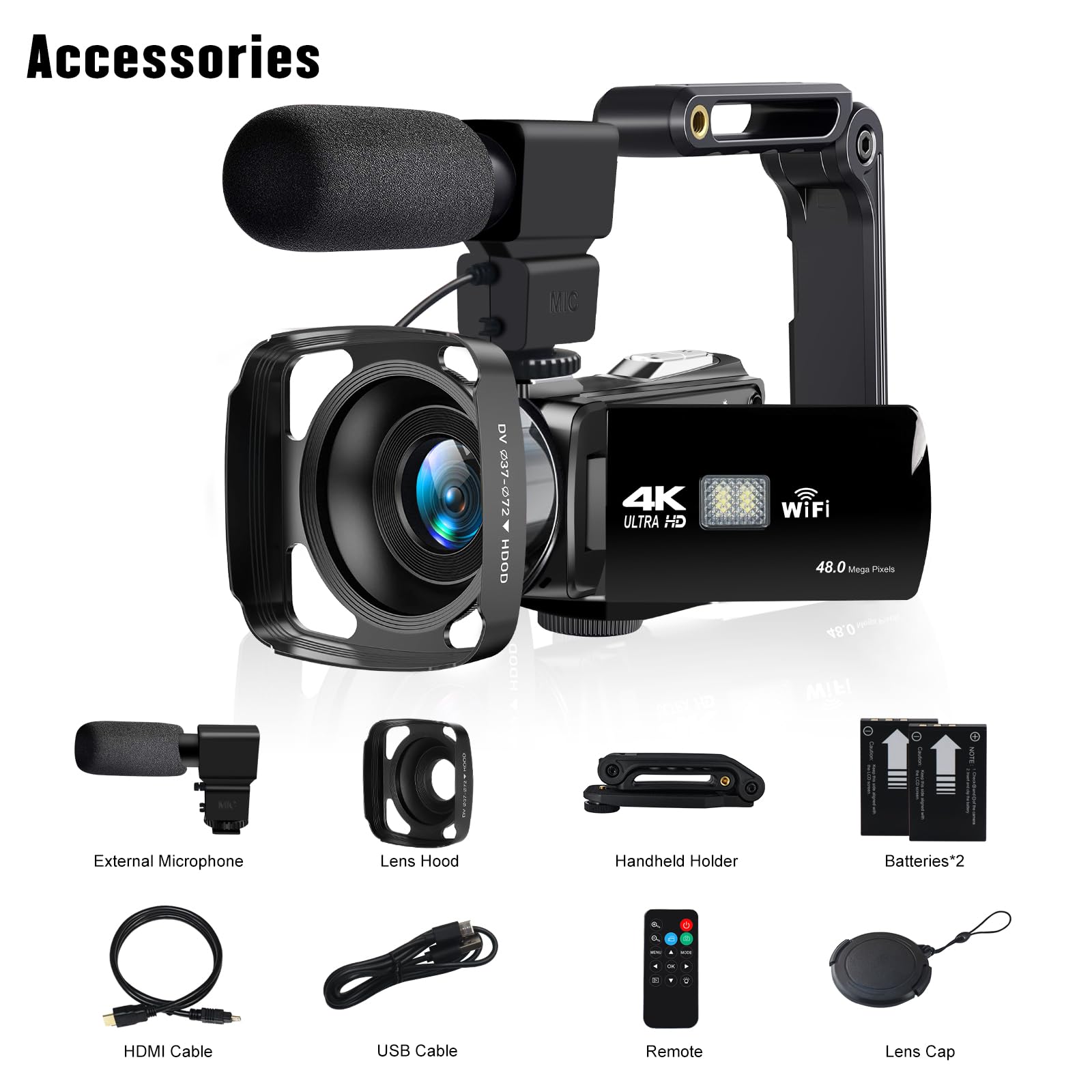 Videocamera 4K 48MP HD Videocamera Registratore, 18X Digital Zoo 3 pollici Touch Screen Vlogging Camera per YouTube con microfono, stabilizzatore, paraluce, telecomando e 2 batterie