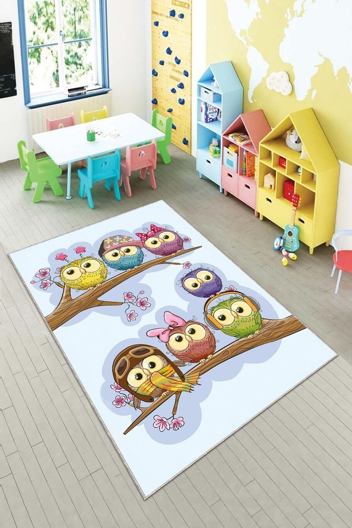 Pelangi Lila Kuş Desenli Çocuk Yıkanabilir Kaymaz Taban Leke Tutmazbebek Ve Çocuk Odası Halısı, Lila 80 x 50