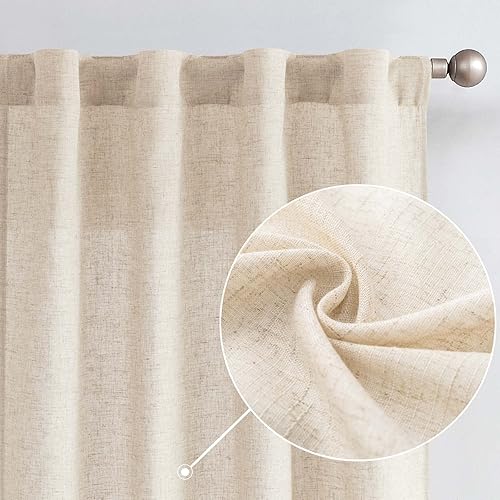 jinchan Linen Beige Curtains 63 Inch Length for Living Room Farmhouse Rod Pocket Back Tab Light Filtering Window Drapes for Bedroom Curtains Crude 2 Panels