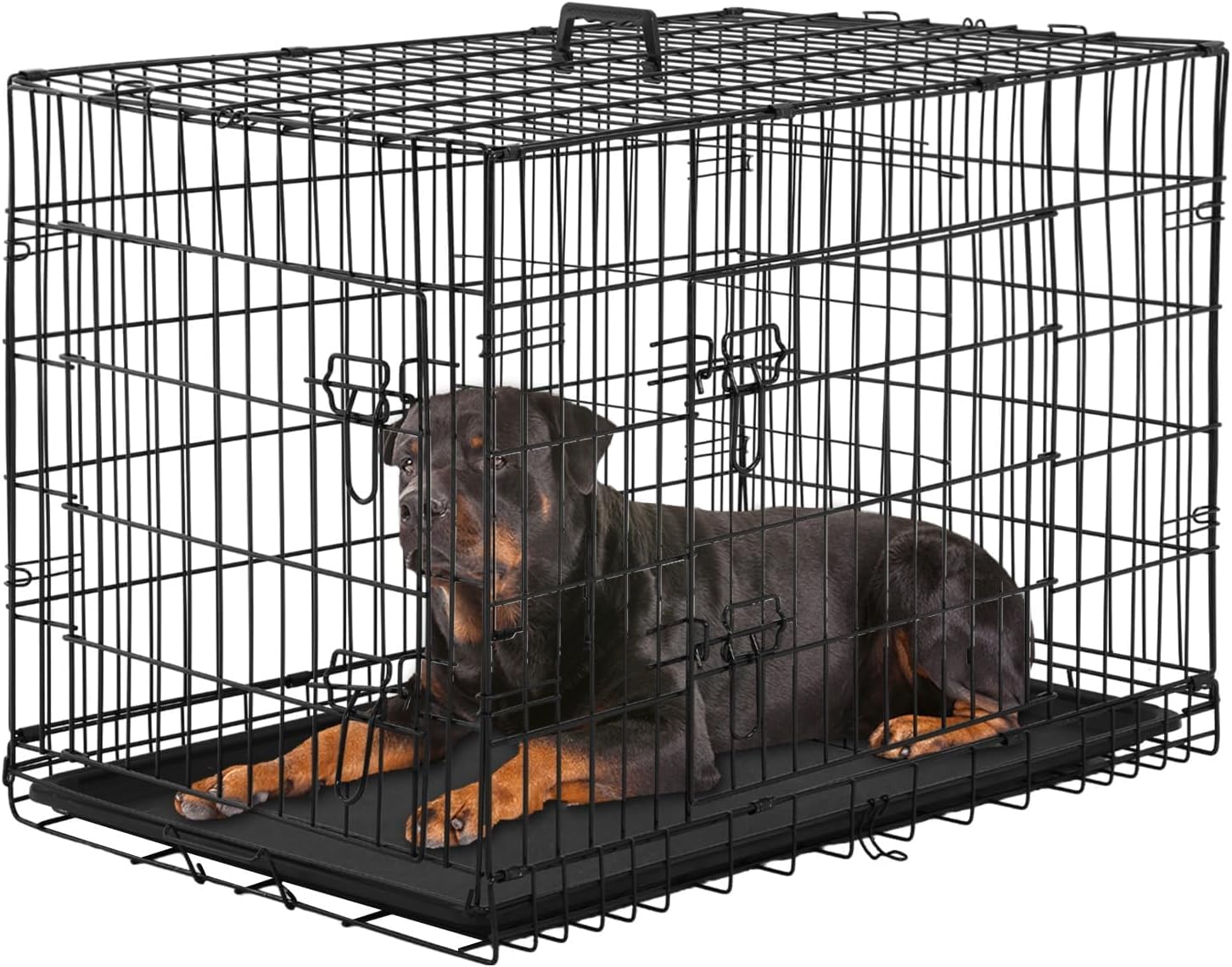 Folding Dog Cage with 2 Doors, Removable Tray, 107 x 70 x 76 cm, Dog Transport Cage, Rabbit, Puppy and Pets, Metal, Black
