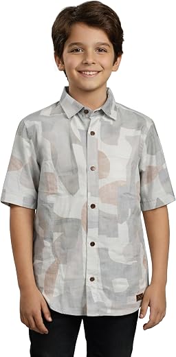 THE ROOT &amp; RISE Boys Grey Abstract Printed Casual Shirt | Premium Cotton Half Sleeve | Stylish Regular Fit Kids &amp; Teen Sum...