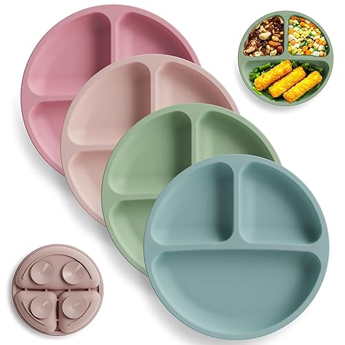 ME.FAN Platos de succión (paquete de 4) platos para bebés y niños pequeños, platos de silicona de grado alimenticio con diseño dividido, permanece
