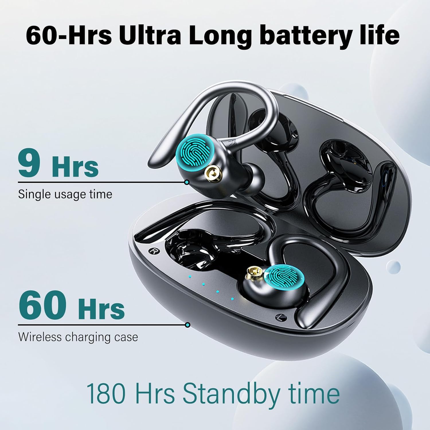 wireless earbuds workout earbud over ear running headphones with ear hooks 60Hrs playtime LED power display, IPX7 waterproof earbuds for android 13MM bass premium sound gym headphones (Black)