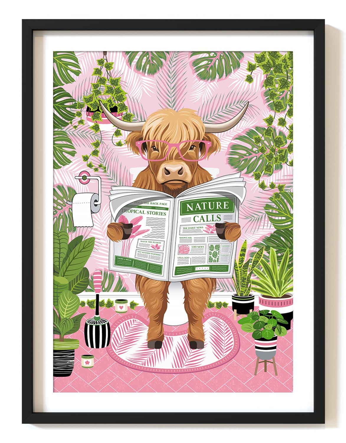 Parmaro Highland Cow on Toilet Print, A4 Unframed Art Print, Pink Botanical Tropical Bathroom Decor, Pink, Green, 29.7L x 21W cm