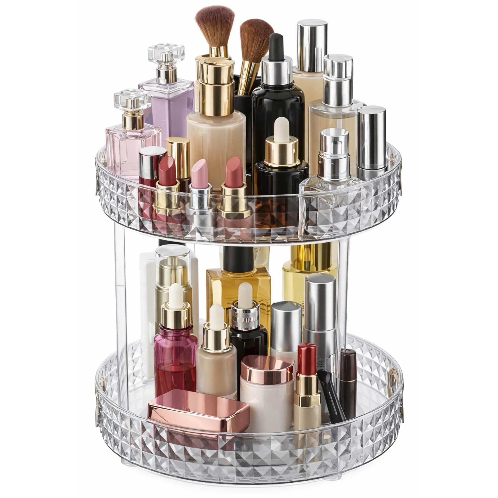 Panzy Home Makeup Organiser Rotating Large Capacity 360 Degree Cosmetics Organiser, Spinning Make up Stand, Clear Skincare Makeup Carousel (Tier 2, Clear)
