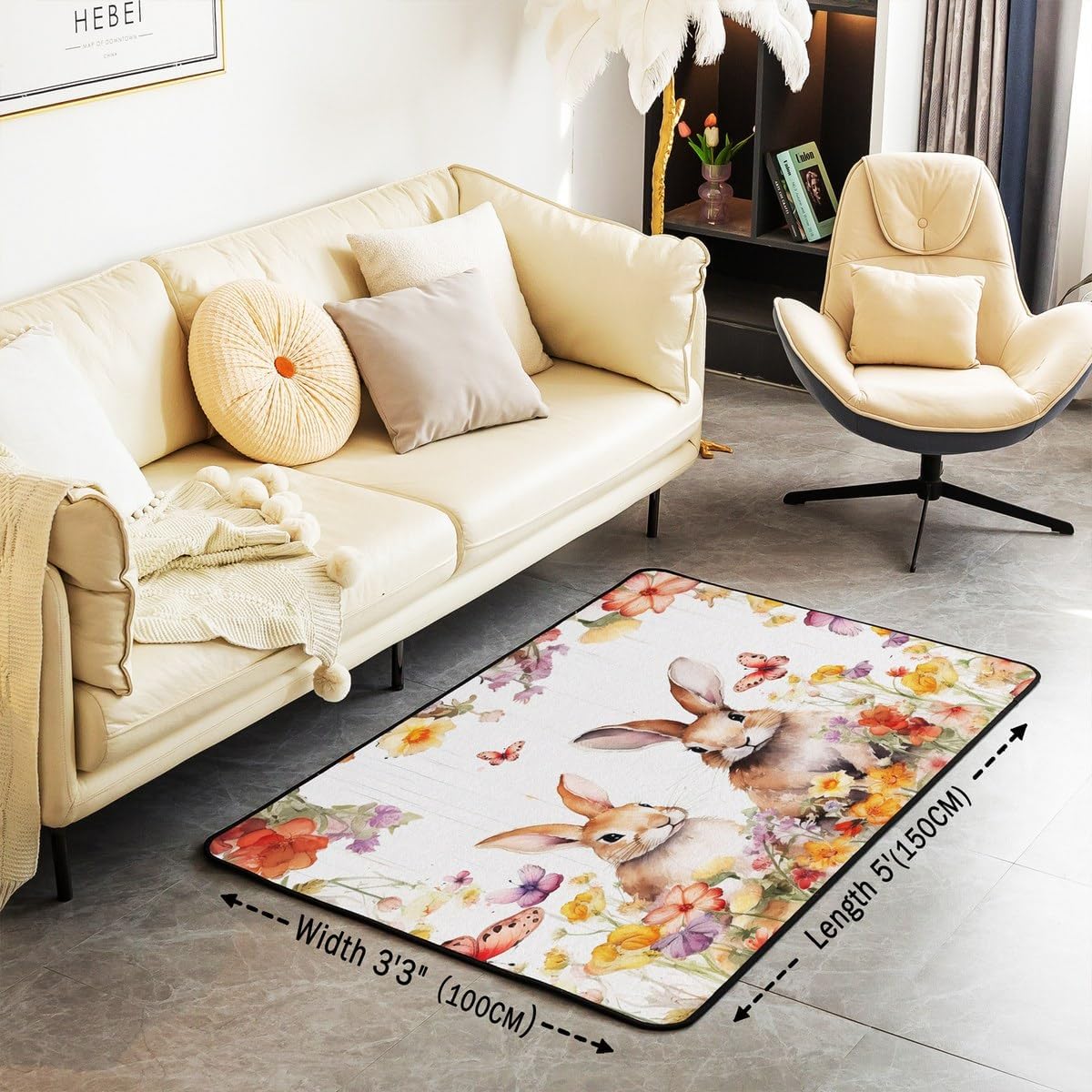 jejeloiu Rabbit Area Rug 3x5 Kids Easter Theme Butterfly Decorative Rug for Boys Girls Teens Botanical Floral Printed Living Room Rugs Farm Animal Indoor Floor Mat Room Decor Accent Rug