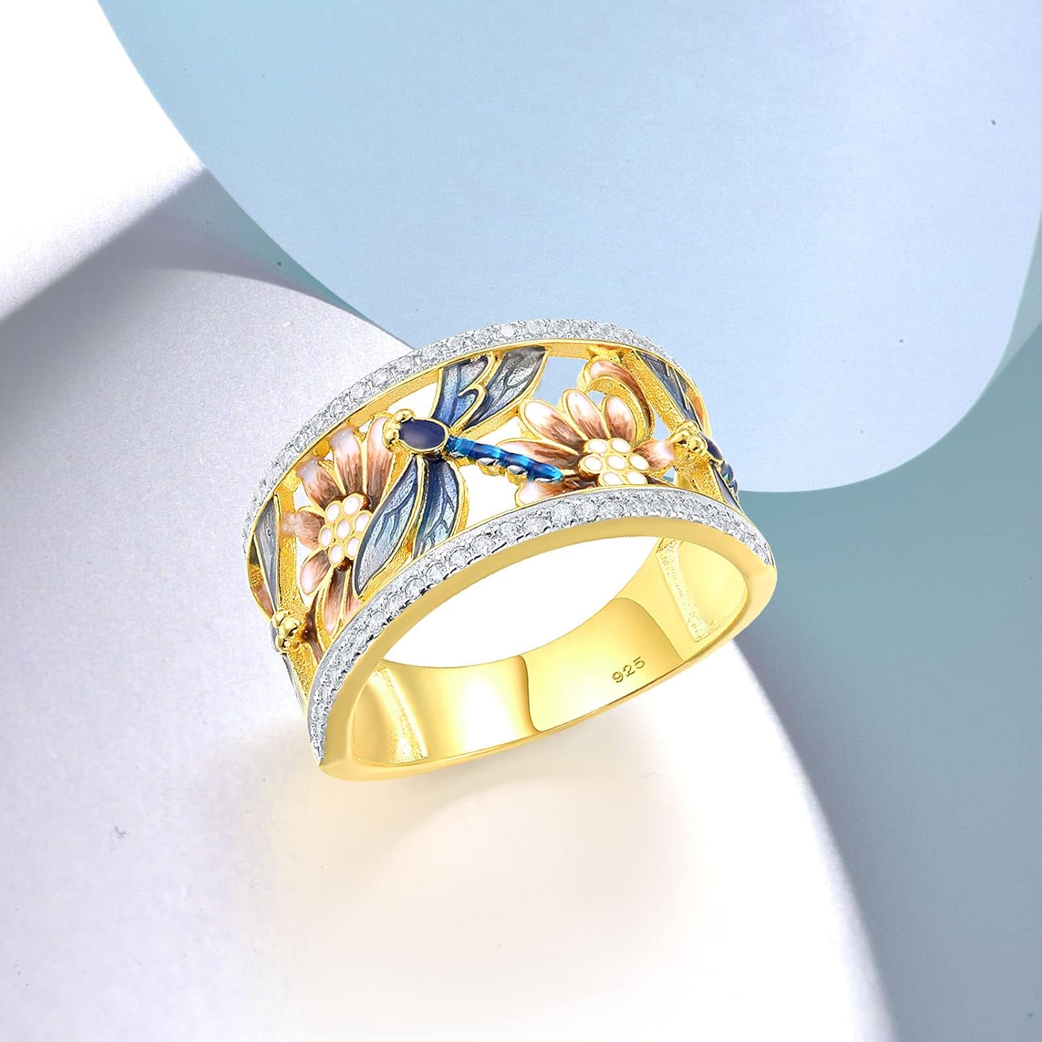 Santuzza 925 Sterling Silver Dragonfly Openwork Ring Cubic Zirconia Enamel Flower Ring 14K Gold Plated Vintage Jewelry - Image 3