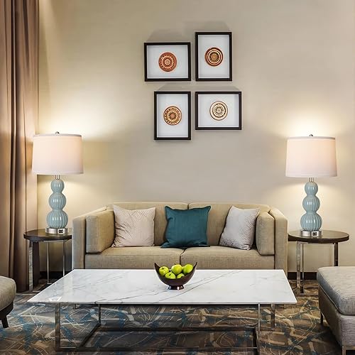 Miniatura 6 de QiMH Juego de 2 lámparas de mesa blancas de 26 pulgadas para dormitorio con puerto USB, lámpara de cerámica moderna con pantalla de lino blanco,