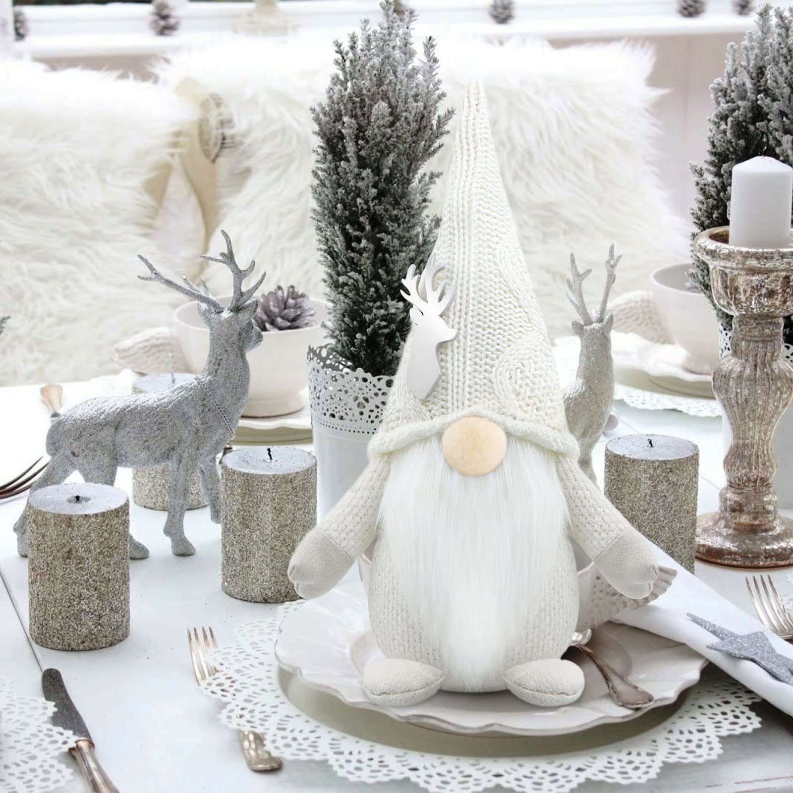Gehydy Christmas Gonk Decorations Handmade Gnomes Holiday Figurines Scandinavian Tomte Xmas Decor for Home Kitchen Farmhouse - White - Image 3
