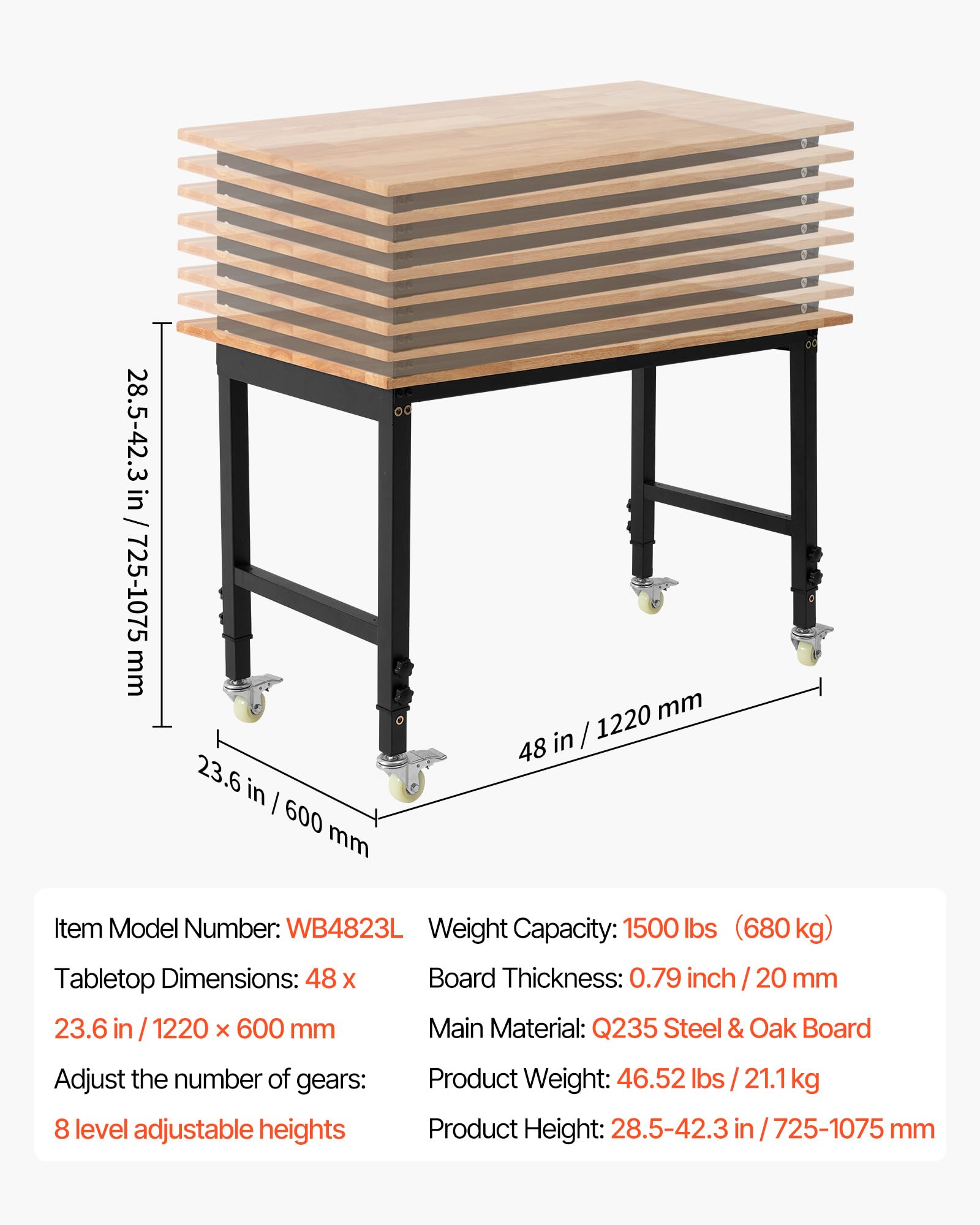 VEVOR Werkbank, 680 kg, Werkstatttisch mit Rolle, 122x60 cm große Arbeitsplatte aus Eichenholz, Arbeitstisch mit Höhenverstellung von 725-1075 mm, Werktisch für Garage, Werkstatt, Zuhause & Büro
