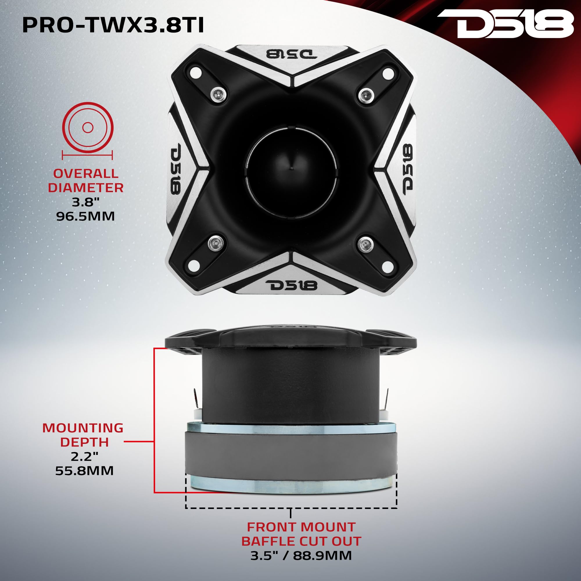 1 DS18 PRO-TWX3Ti Tweeter Super Bullet 9,7 x 9,7 cm, 250 vatios rms 500 vatios máximo, impedancia de 4 ohmios, sensibilidad SPL de 108 db, para Coches, 1 Pieza