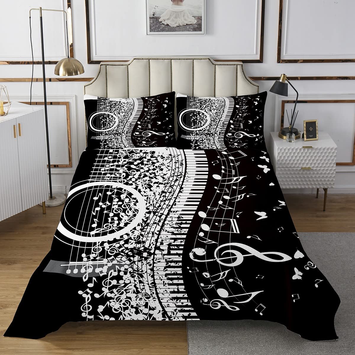 Juego de funda acolchada para guitarra y teclado para piano de guitarra, colcha acolchada para niños y niñas, diseño de notas musicales, instrumentos musicales, 3 piezas de cama King