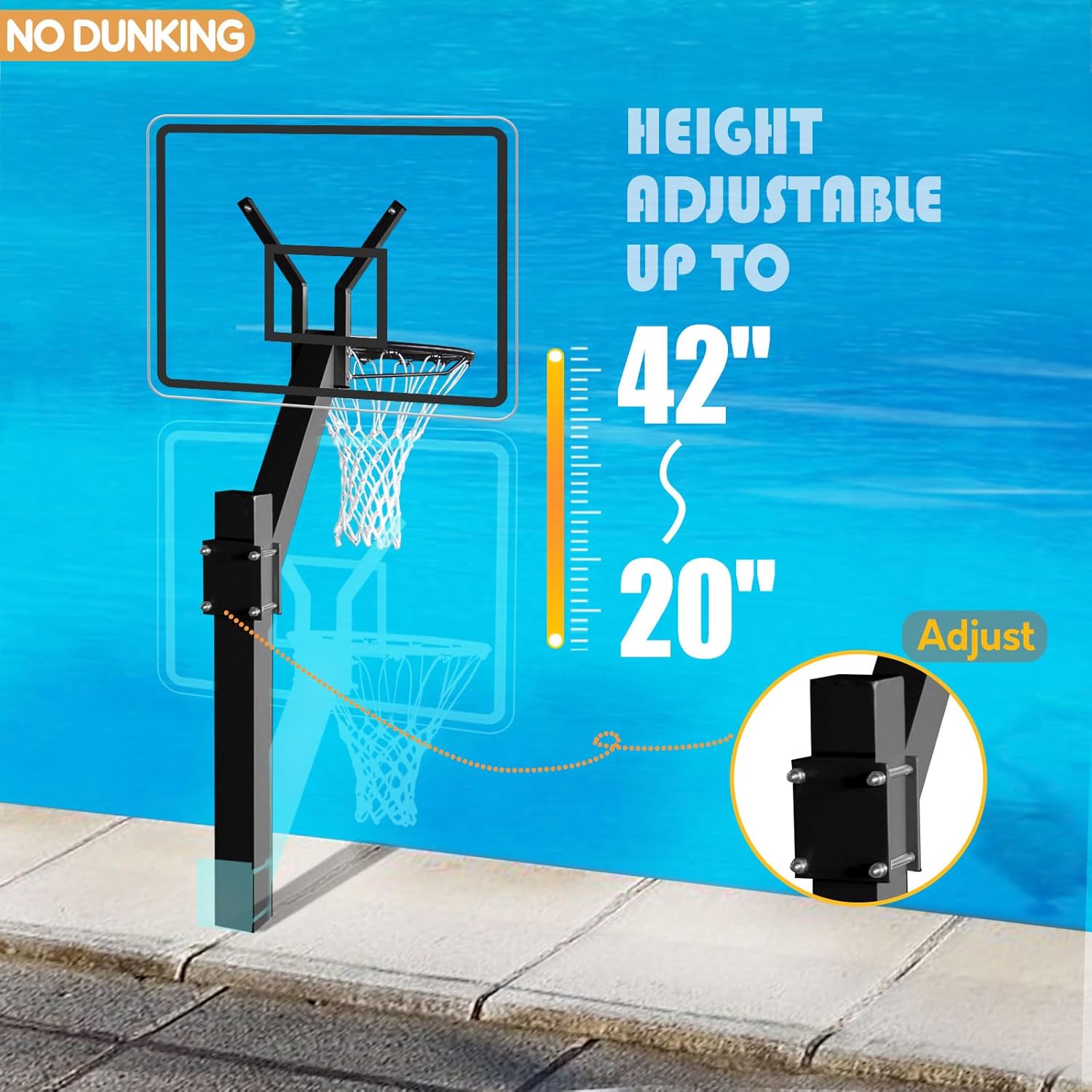 Swimming Pool Basketball Hoop Set with Standard 18'' Rim, All Aluminum Alloy, 3 Balls, 3 Colors, Adjustable Height, Detachable