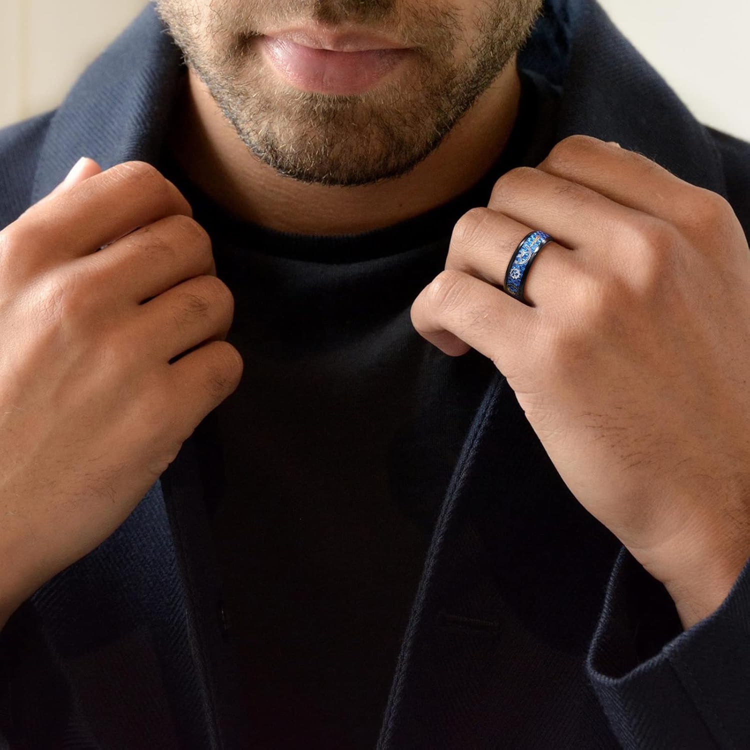 TRUMIUM 8mm Tungsten Rings for Men Women Silver Blue Rose Gold Black Tungsten Wedding Band Gear Steampunk Wheel Carbon Fiber Ring Comfort Fit Size 6-13 - Image 5