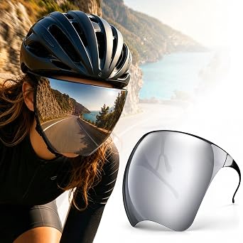 Full Face Shield Mask, Futuristic Anti-Fog Glasses Mirror Shield Sunglasses, Full Face Visor Protection for Beach & Outdoor Activities, Anti Splash & Anti-Dizziness Black with Silver-Covering