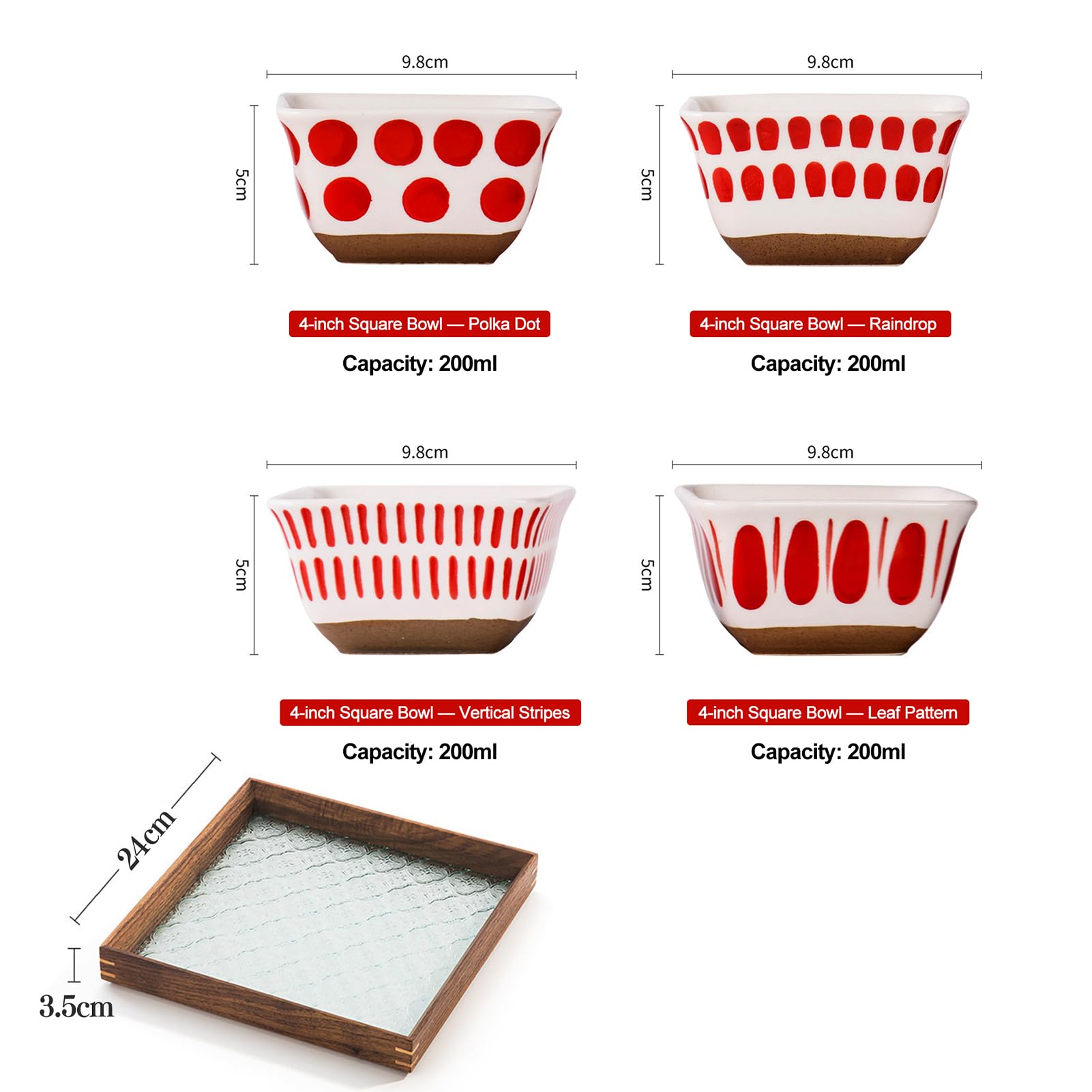 Dxcaicc Plateau De Service Divisé en Céramique avec Fleurs De Bégonia, Émail, Verre, Bois, Plateau À Apéritif, Peint À La Main avec Motif Rouge, Bols Carrés en Céramique,A