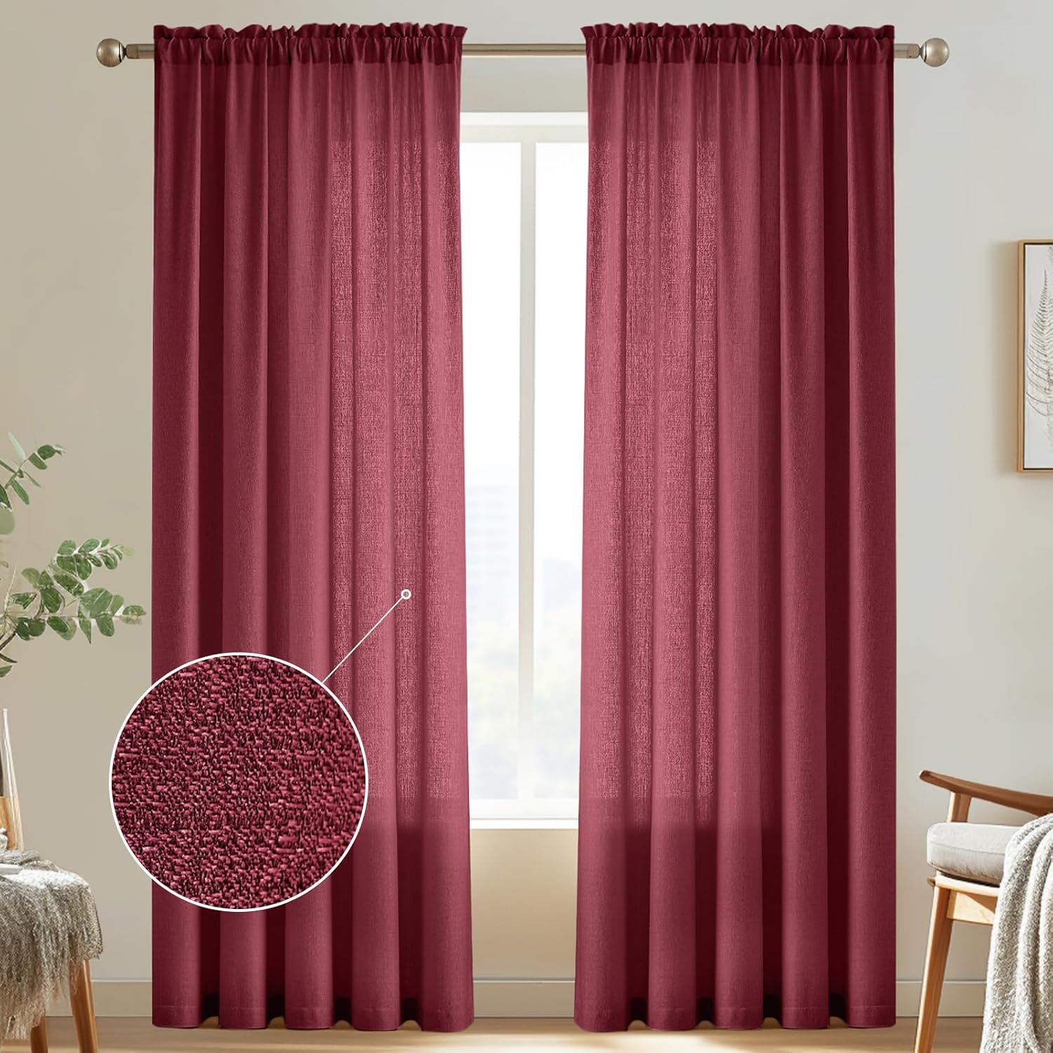Melodieux Burgundy Semi Sheer Curtains 84 Inches Long for Living Room, Bedroom Linen Look Farmhouse Rod Pocket Shiny Sheer Curtain Drapes Light Filtering Home Office, 52" W x 84" L, 2 Panels