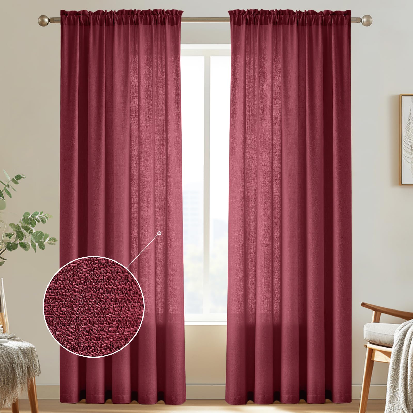 Melodieux Burgundy Semi Sheer Curtains 84 Inches Long for Living Room, Bedroom Linen Look Farmhouse Rod Pocket Shiny Sheer Curtain Drapes Light Filtering Home Office, 52" W x 84" L, 2 Panels
