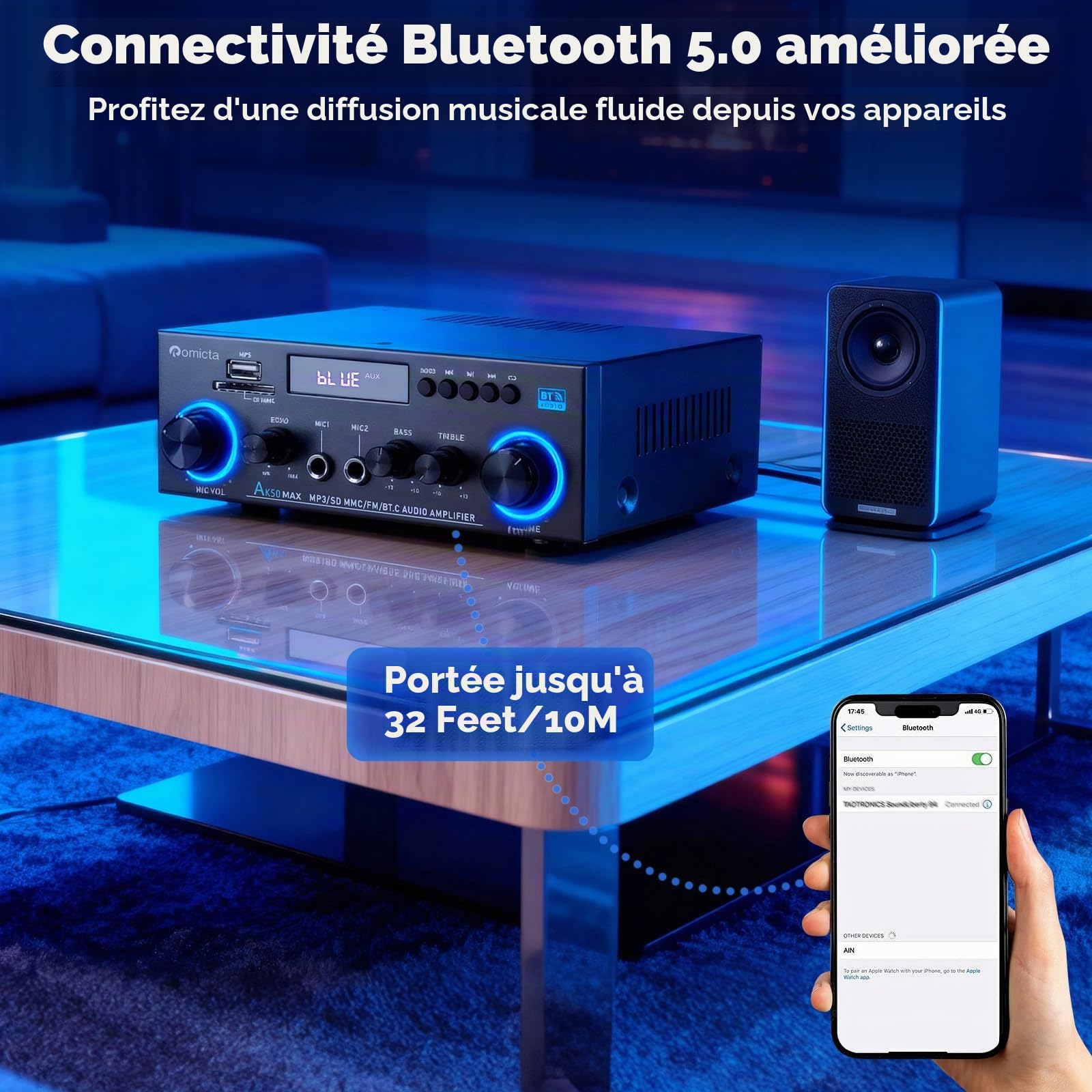 Romicta Amplificateur Audio Stéréo 800W, Bluetooth 5.0 | Radio FM, Lecteur USB/SD, Entrée AUX, 2 Micros avec Echo | Télécommande pour Home Cinéma et Maison