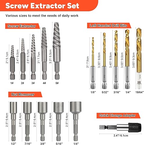 Miniatura 5 de THINKWORK Extractor de tornillos de 16 piezas, kit de extractor de pernos en espiral, juego de brocas para mano izquierda, brocas inversas de