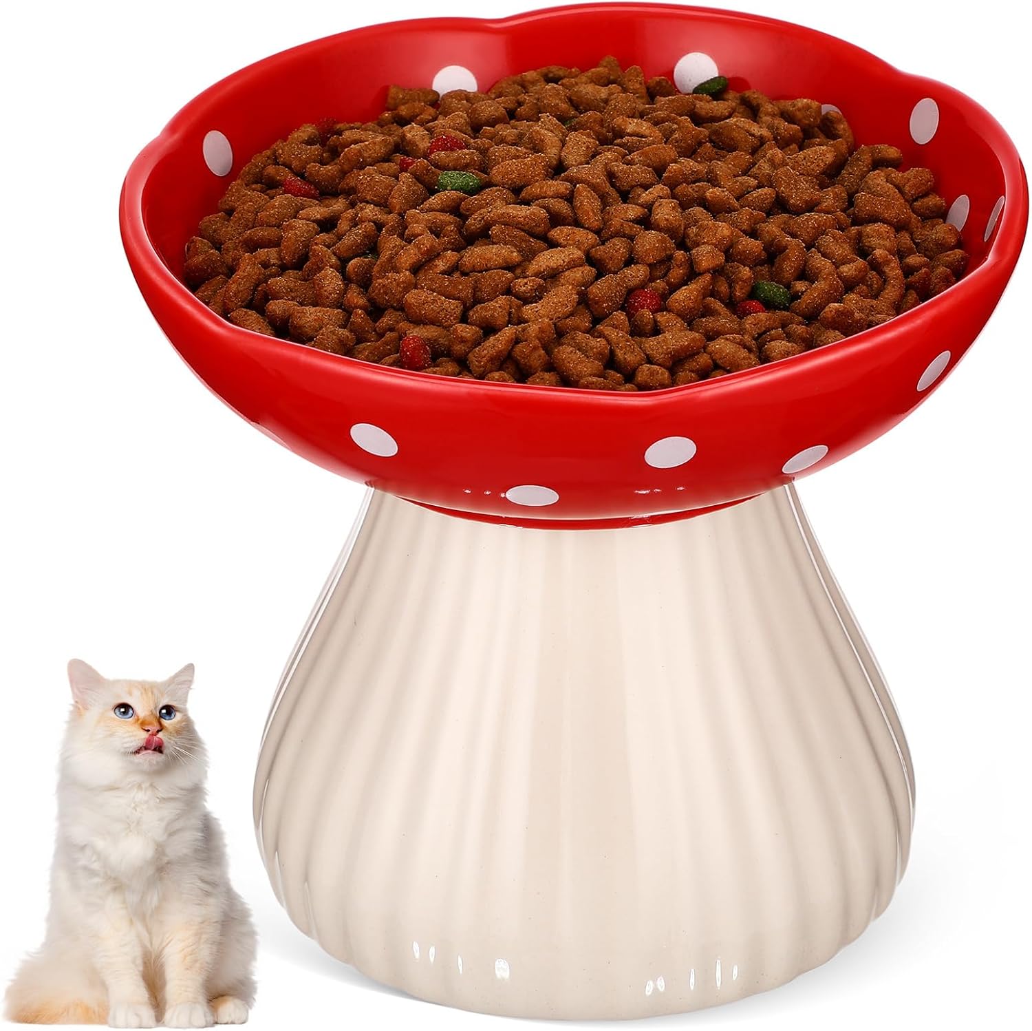 Cat Food Bowls, Mushroom Shape Ceramic Cat Bowl for Feeding 6 Inch, Red